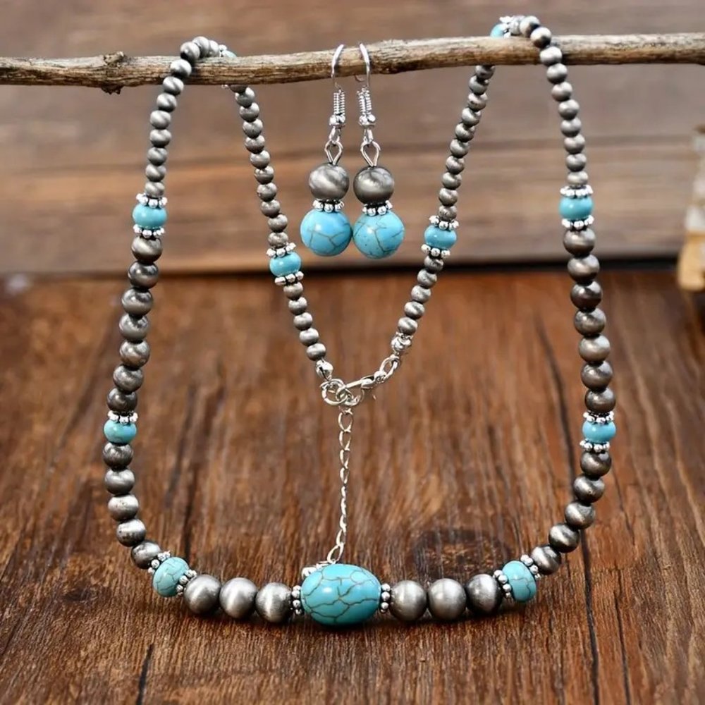 NEW Southwestern Faux Turquoise and Navajo Bead Necklace and Earring Set